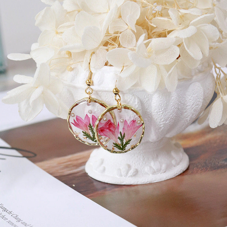Wholesale new 6pcs/pack resin dried flower irregular round gold earrings creative real flower fashion earrings